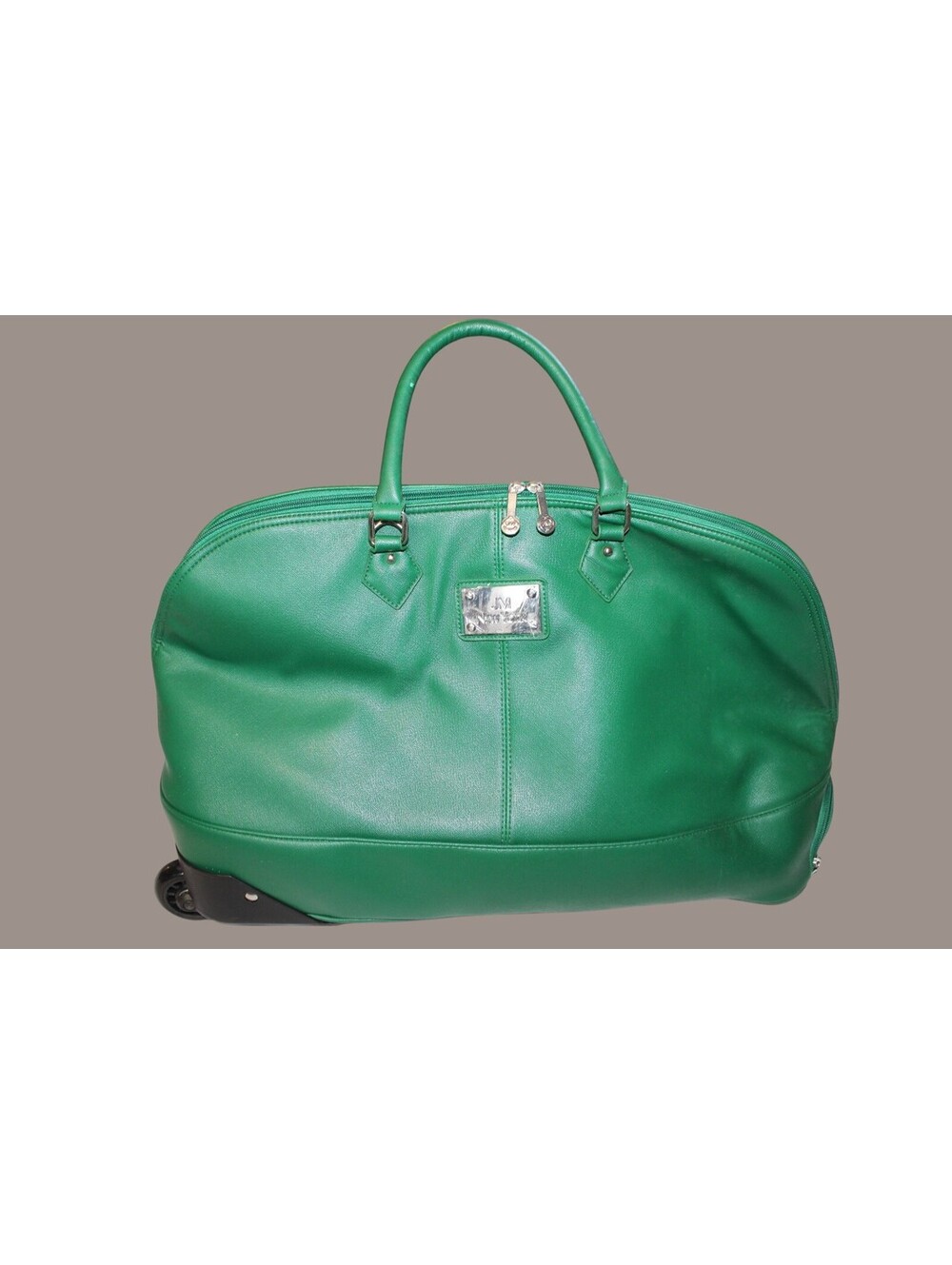 J.M. New York Green Leather Rolling Shoulder Bag with Wheels and Telescopic Pull
